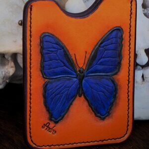 Pocket Money & Card Holder – Butterfly Carved Leather with Blue Ostrich Leg Skin